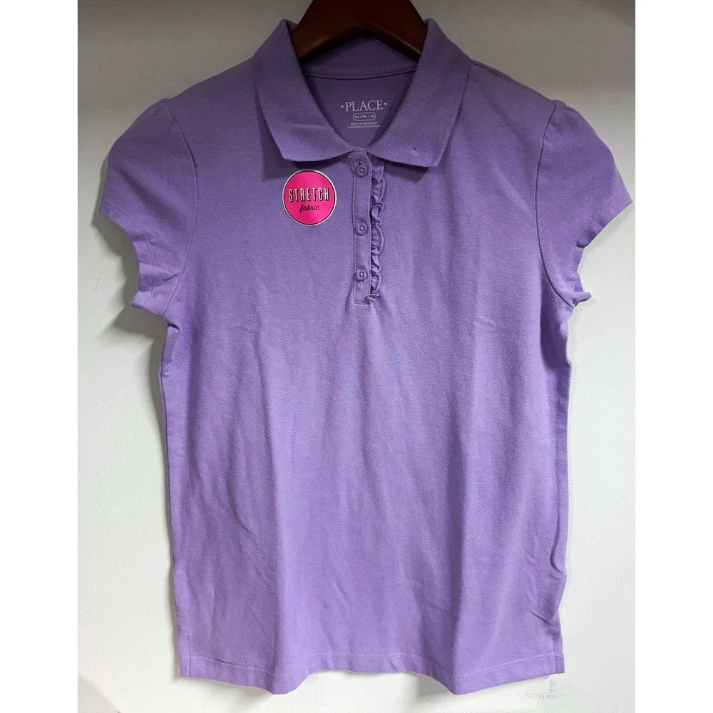 The Children's Place Girls Purple XL 14 Knit Stretch Polo Shirt Ruffle Sleeve